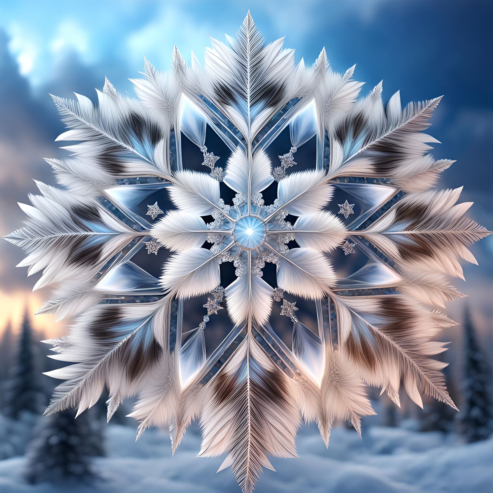 Detailed Feather Snowflake with Crystals in 3D