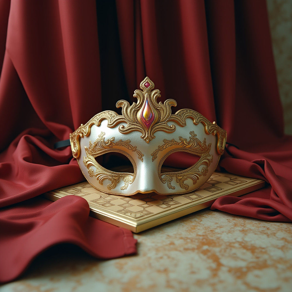 Venetian Mask on Chessboard in Dreamlike Style