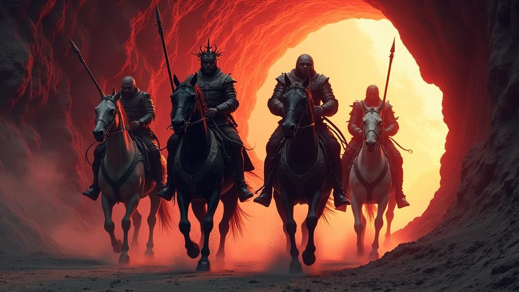 Apocalyptic Horsemen Emerge from Cave, Dark Fantasy Art