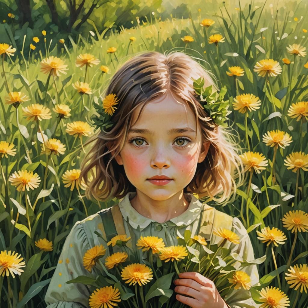 Girl with Dandelions in Soft Focus, Illustrative Realism
