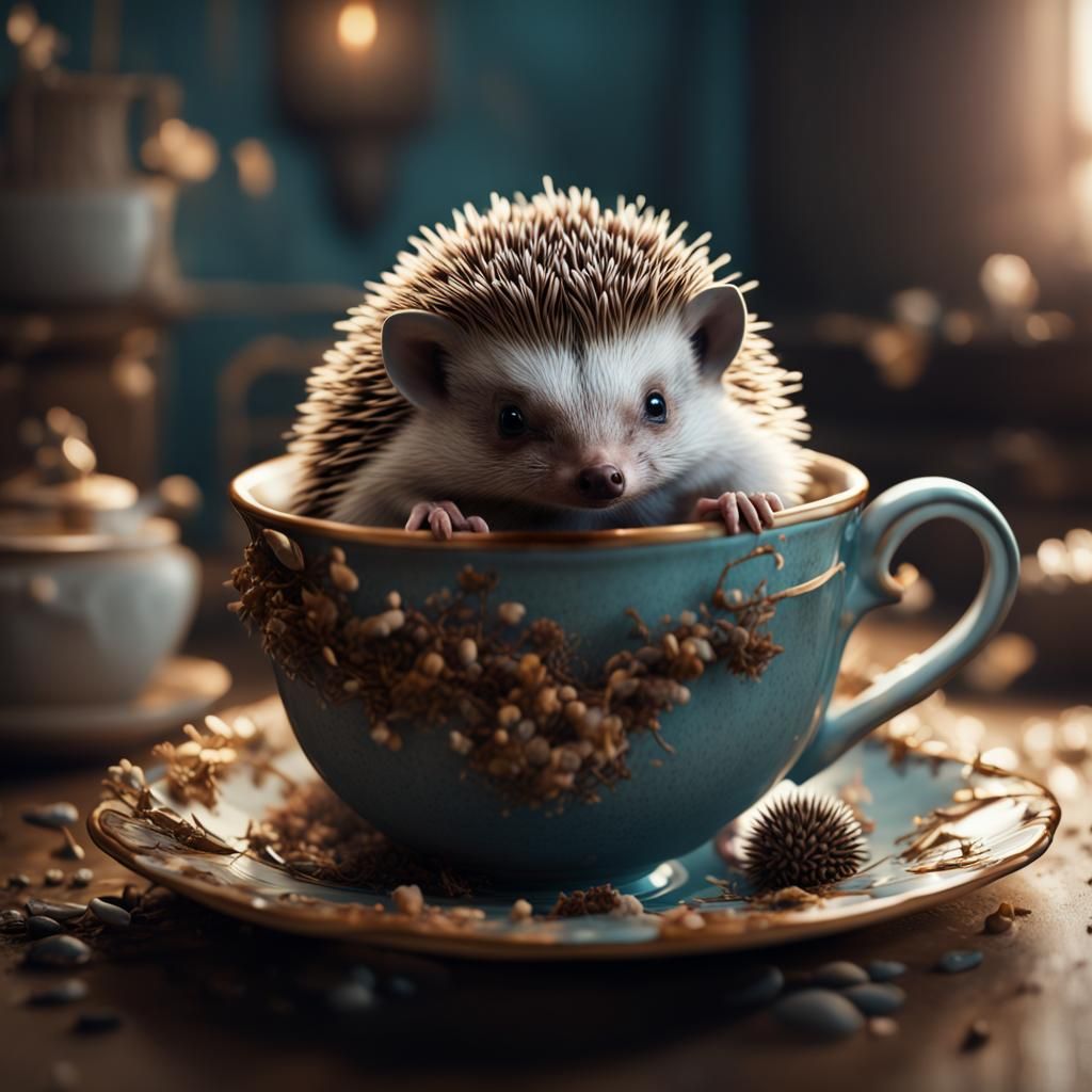 Hedgehog in Teacup: Detailed Matte Painting