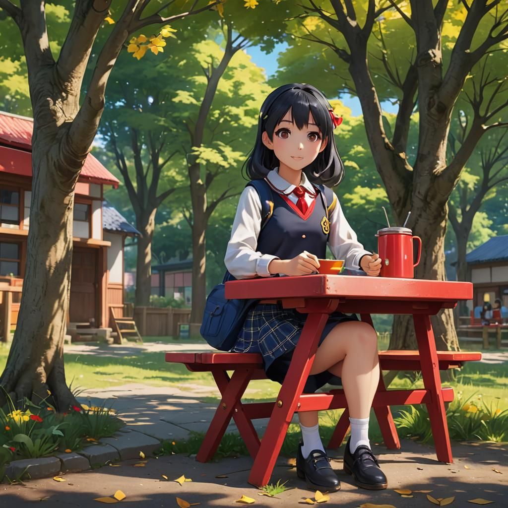 Vibrant 3D Anime Schoolgirl in Village Setting