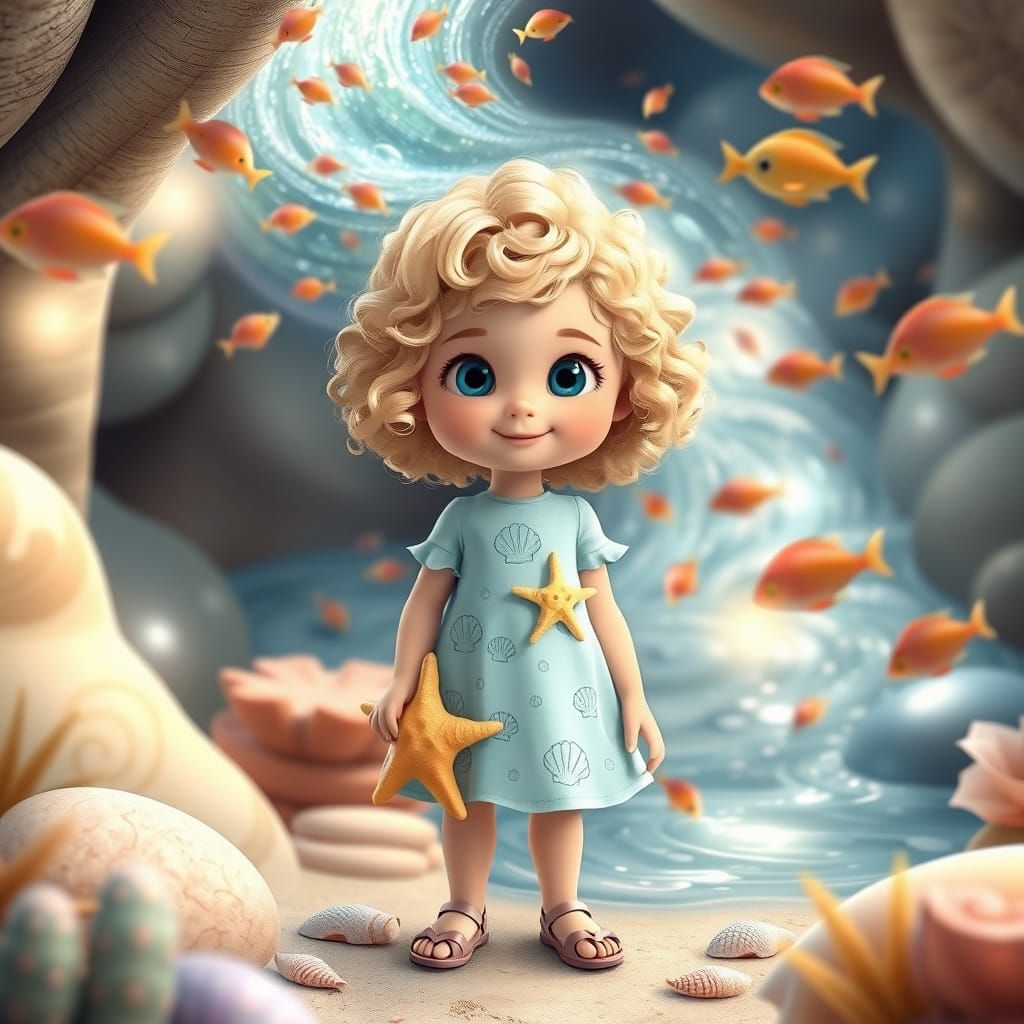 Cute Girl with Stream Hair in Vibrant 3D Style