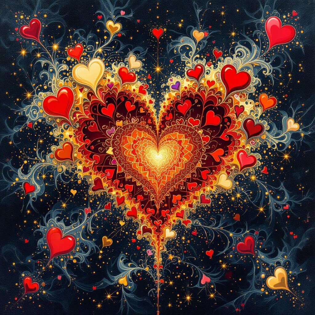 Psychedelic Fractal Heart with Blood and Gold Sparks