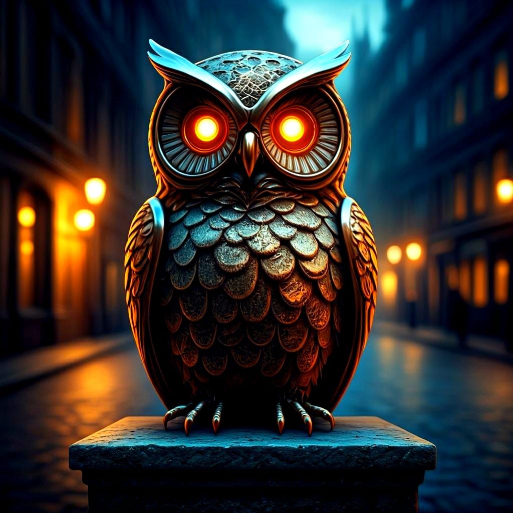 Seaglass Owl Sculpture in Victorian City: Arcane Power