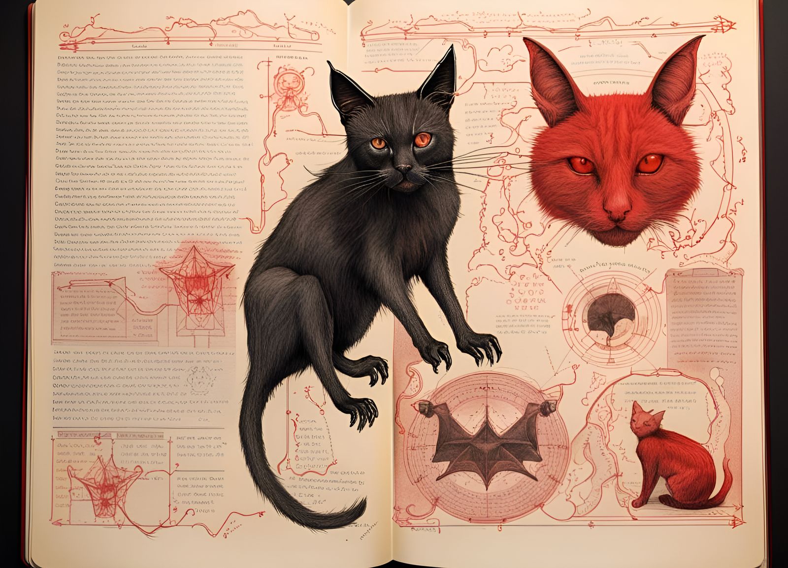Cat-Bat Hybrid Illustration in Red and Black Ink