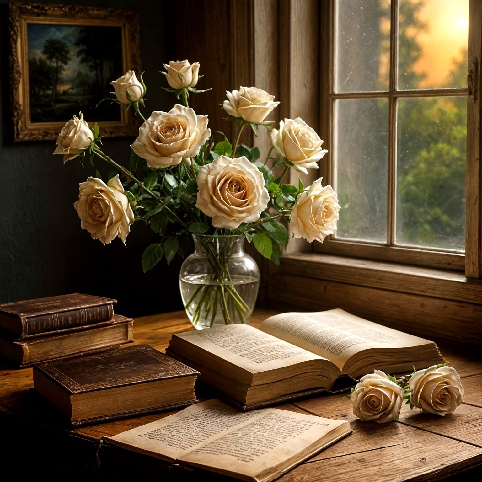 Roses on Antique Book with Sunset, Impasto Painting