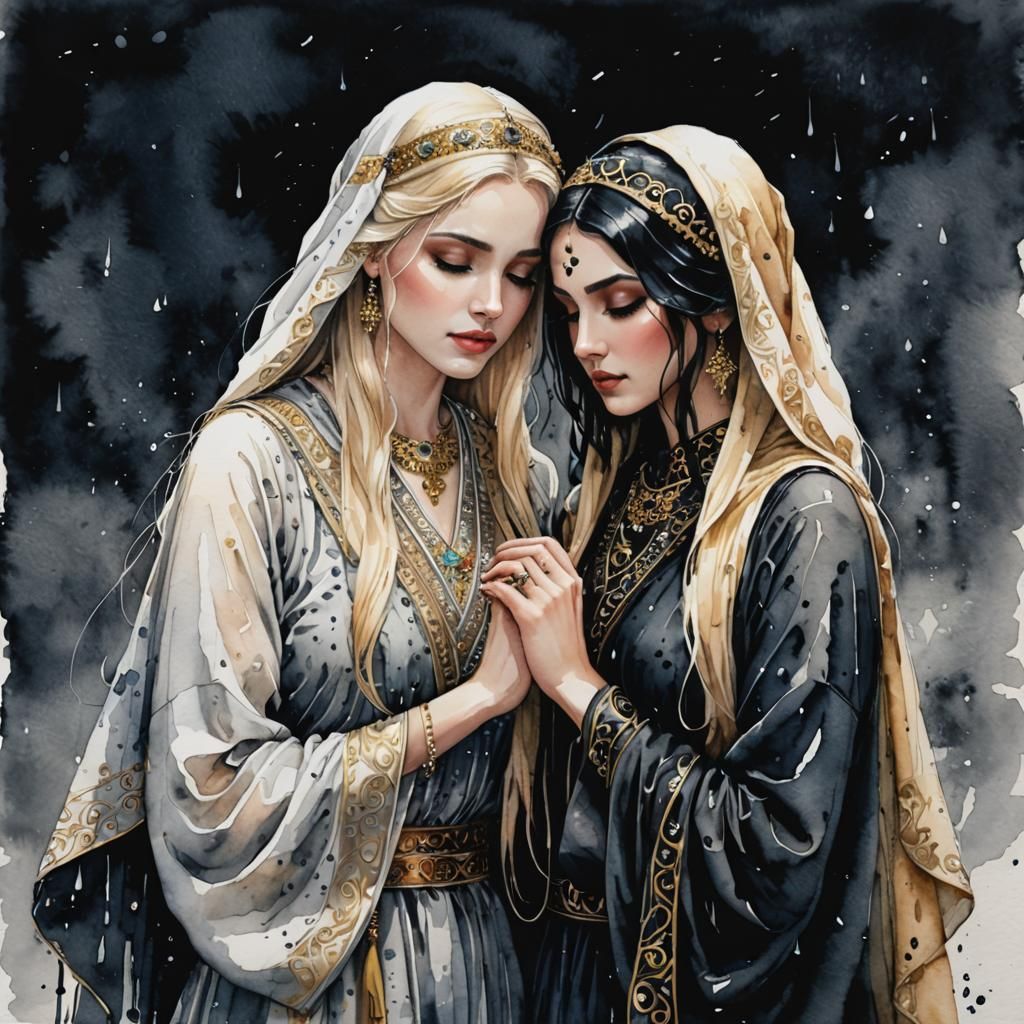 Sorrowful Sisters Embrace in Dark Watercolor Style