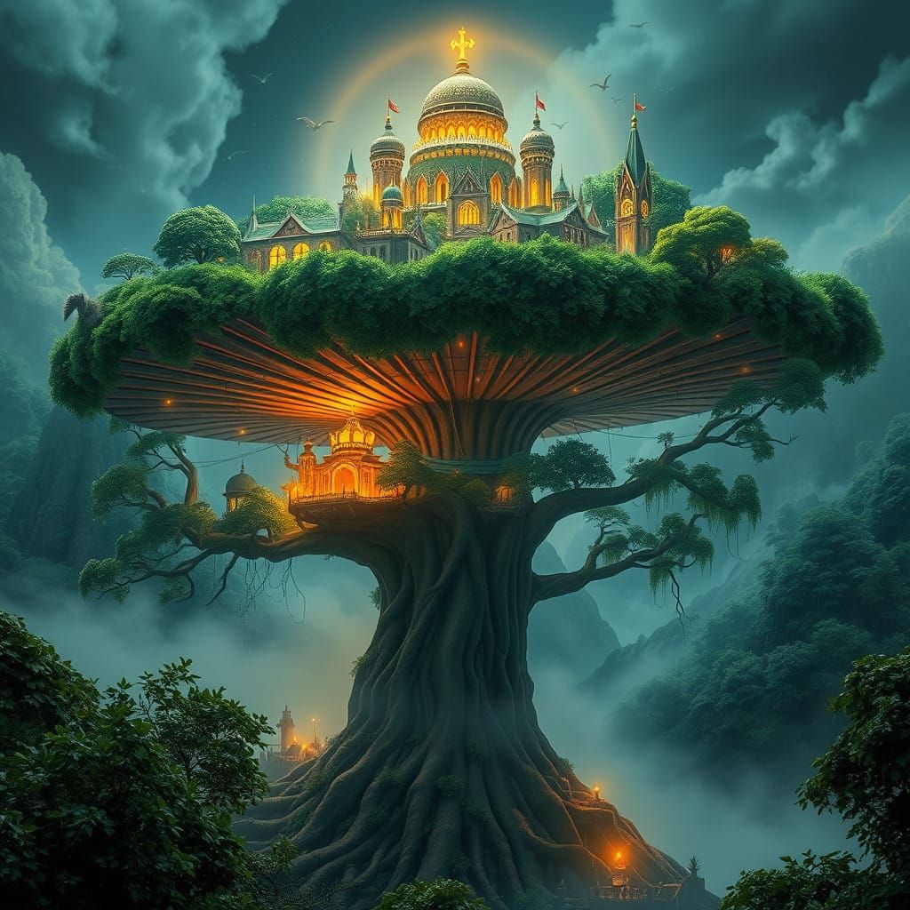 Surreal City of Green Wonders on an Ancient Umbrella