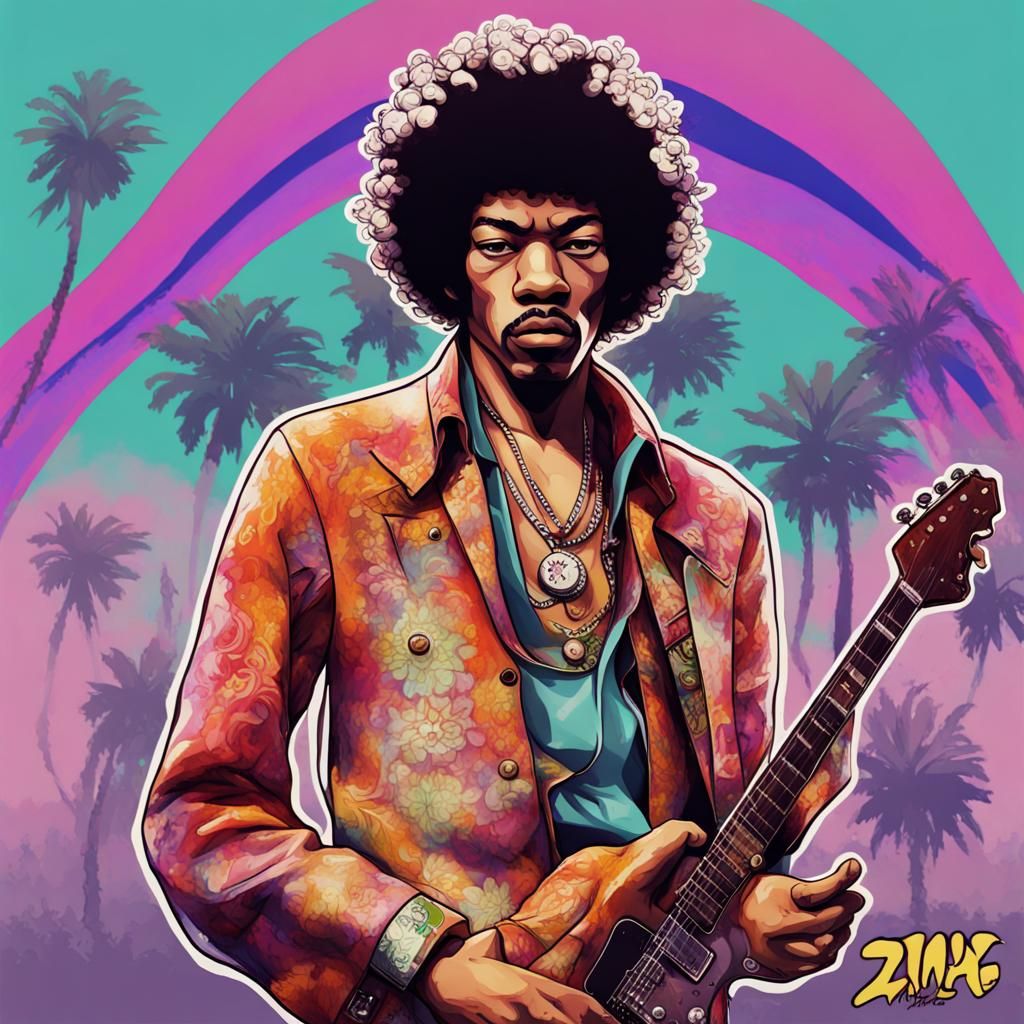 Psychedelic Jimi Hendrix in Anime GTA Style