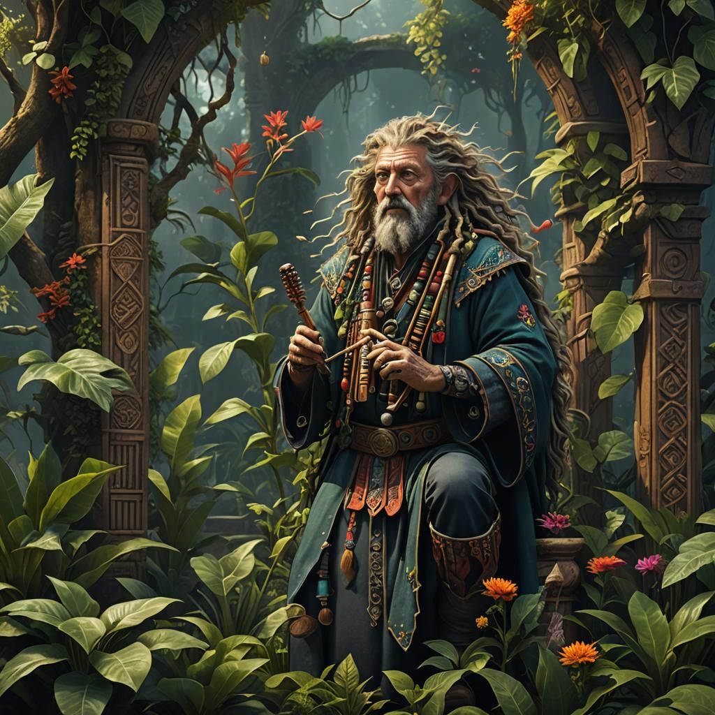 Druid Bard with Panpipes, Fantasy Concept Art