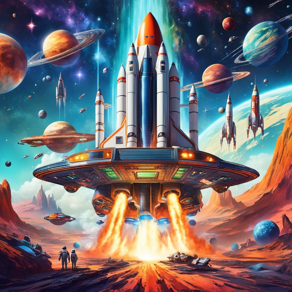 Retro Rocket Launching into Starry Expanse