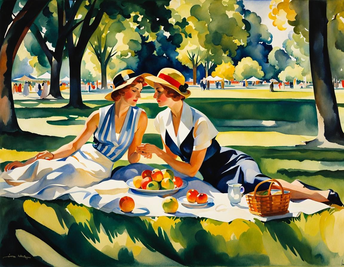 Lesbian Couple's Sunny Picnic: A Cubist Art Deco Painting