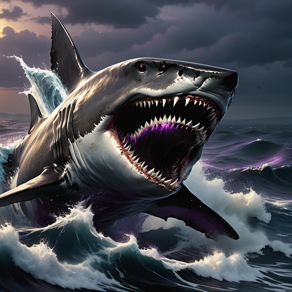 Colossal Shark Breaching Ocean Surface at Dusk