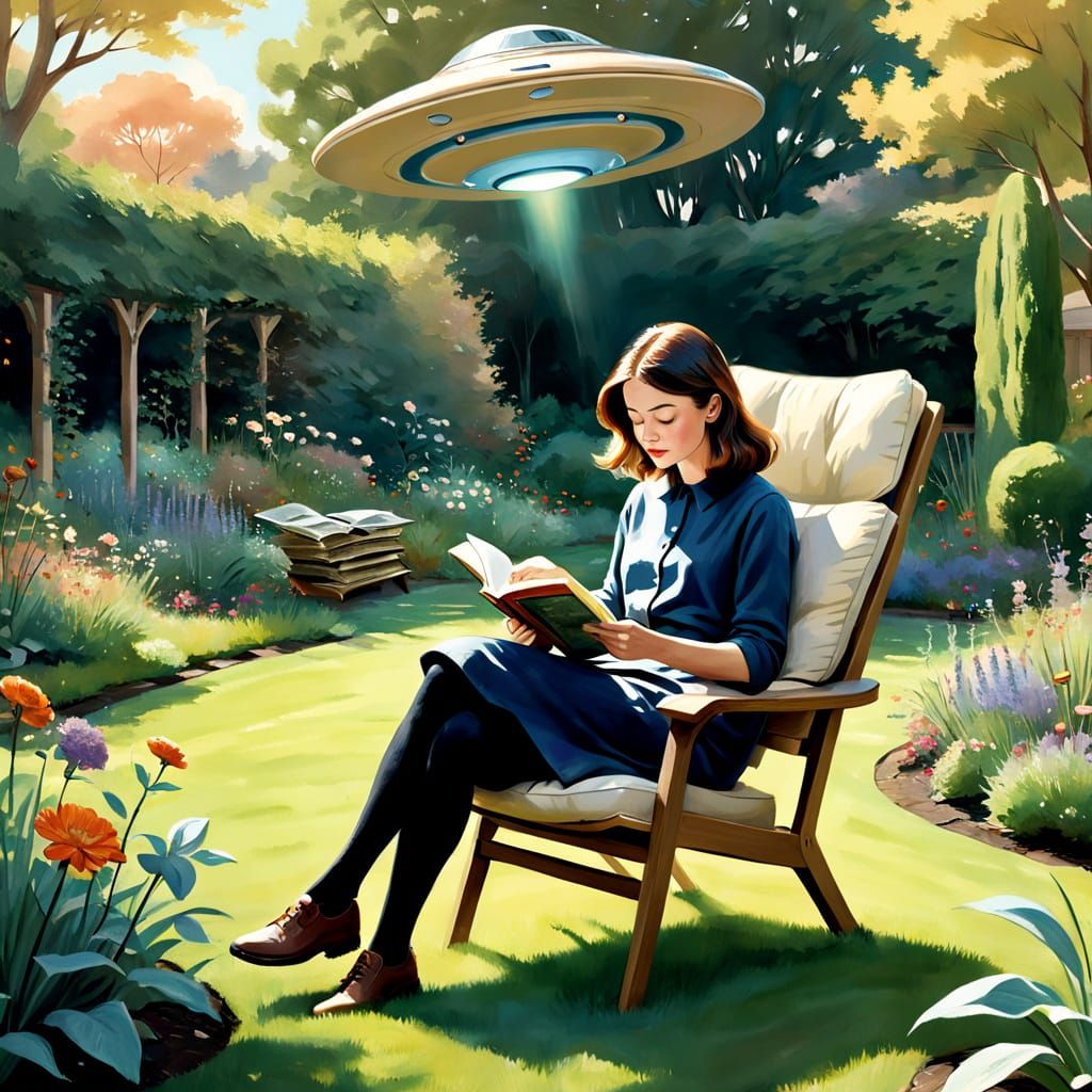 Whimsical Garden Scene with Flying Saucer in Traditional Pai...