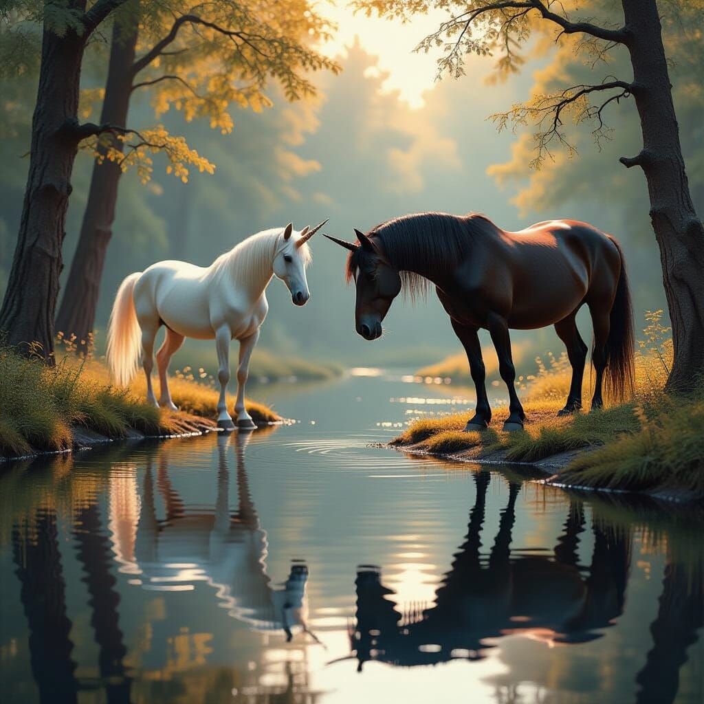 Black Horse Reflects White Unicorn in Autumn Lake