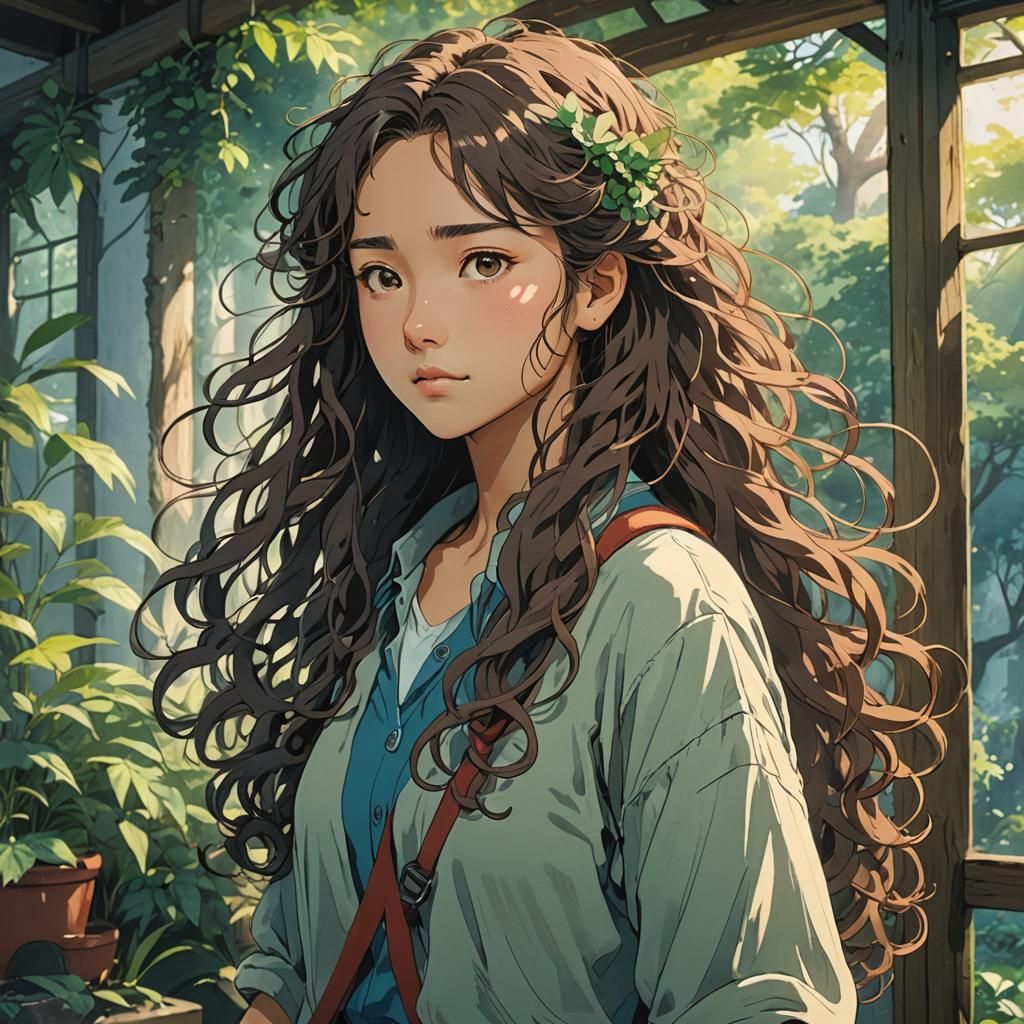 Anime Sketch of Woman with Curly Hair