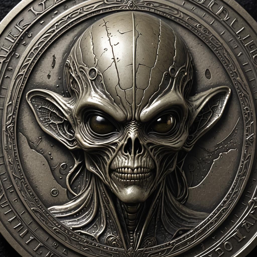 Engraved Coin Face of a Fantasy Alien