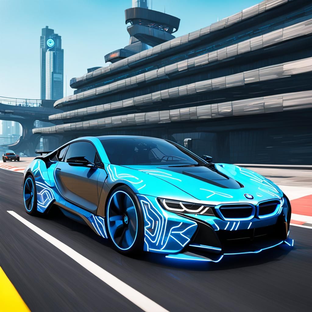 Neon Blue BMW i8 Racing in Cyberpunk Style