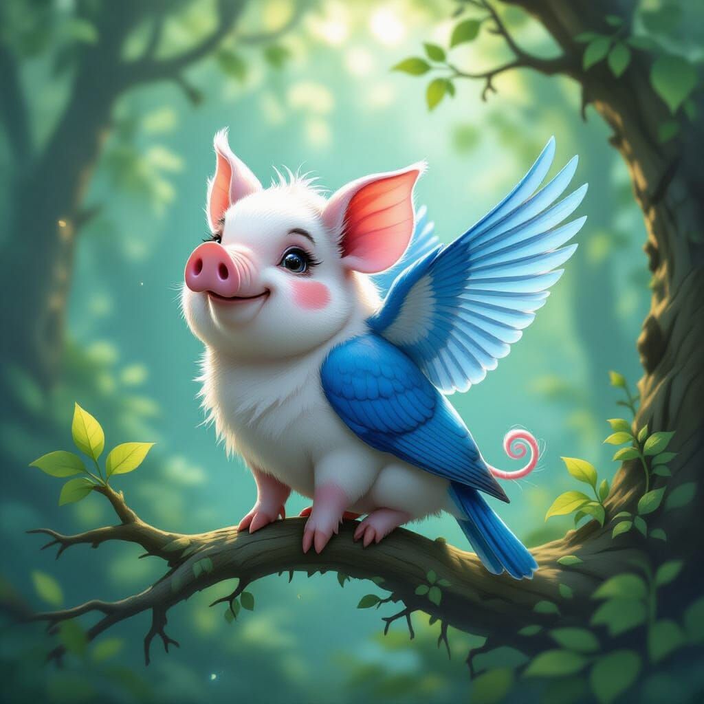Whimsical Hybrid Creature: Pig-Bird in Enchanted Forest