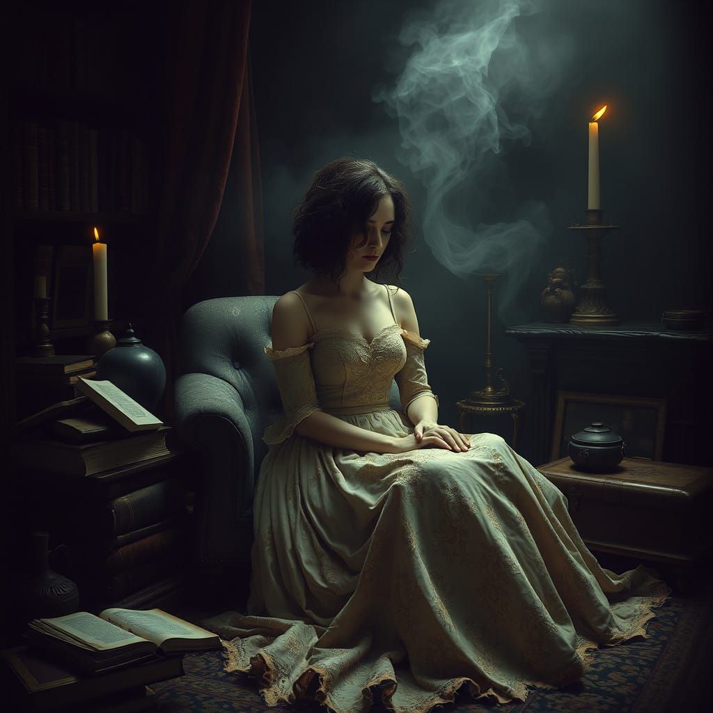 Dreamy, Mystical Woman in Velvet-Draped Study