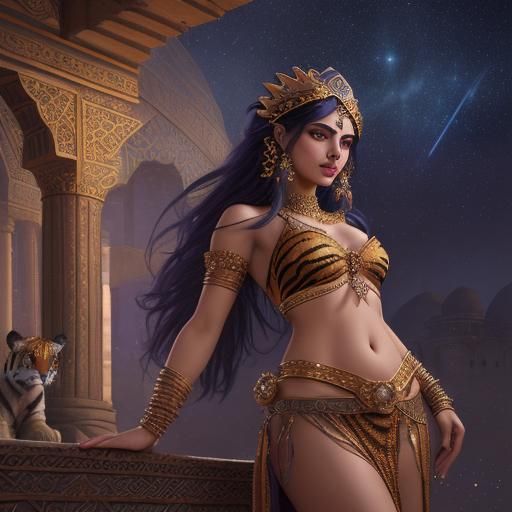 Persian Princess with Tiger Under Starry Sky