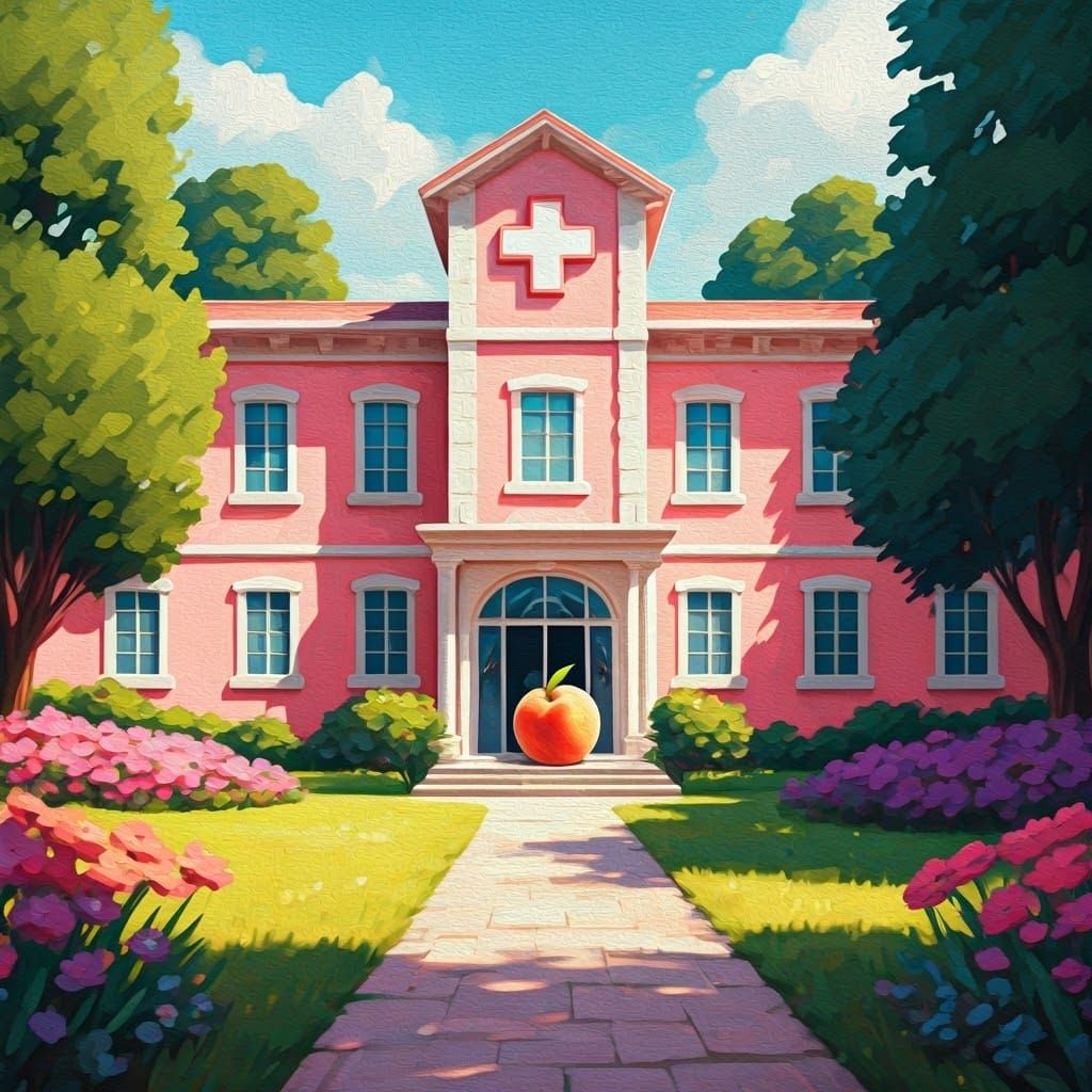 Pink Hospital with Peach in Impressionist Style