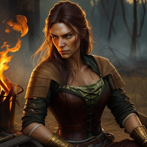 Western Woman Cooking, Vibrant Oil Painting with Firelight