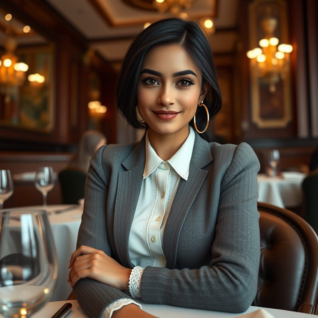 Elegant Egyptian Woman Sits in Lavish Restaurant