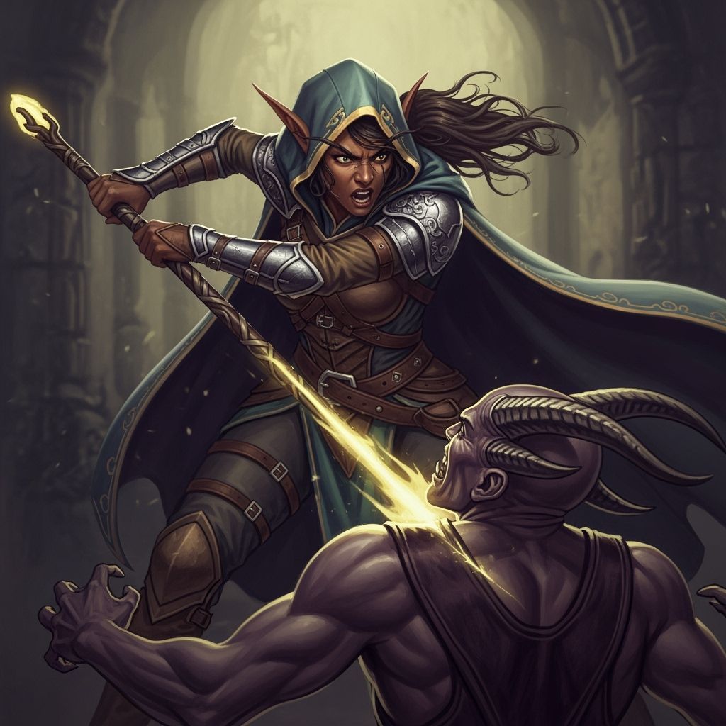 High Elf Attacks Demon: Dark Fantasy Concept Art