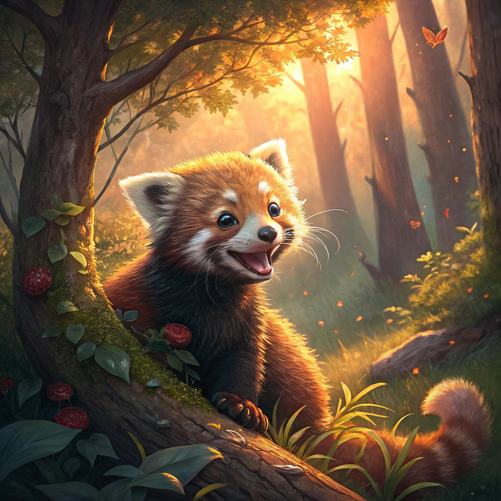 Red Panda Cub in Forest, Digital Painting