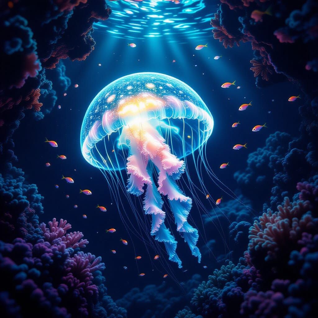 Bioluminescent Jellyfish in Deep Sea Trench
