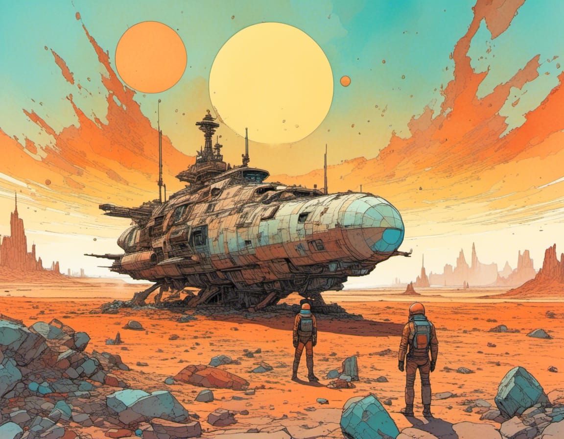 Moebius-Inspired Sci-Fi Landscape with Landing Craft
