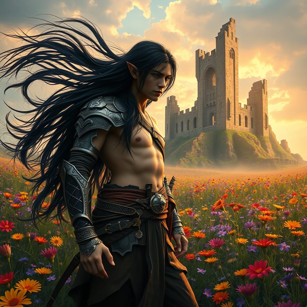 Elven Warrior in Wildflower Field, Art Nouveau Style