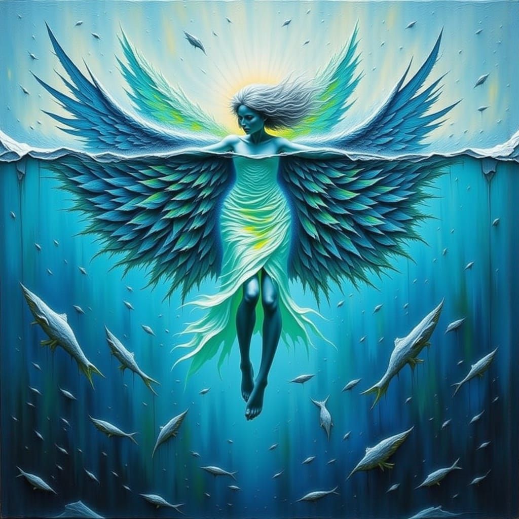 Angel Beneath Ice Shelf in Impasto Style