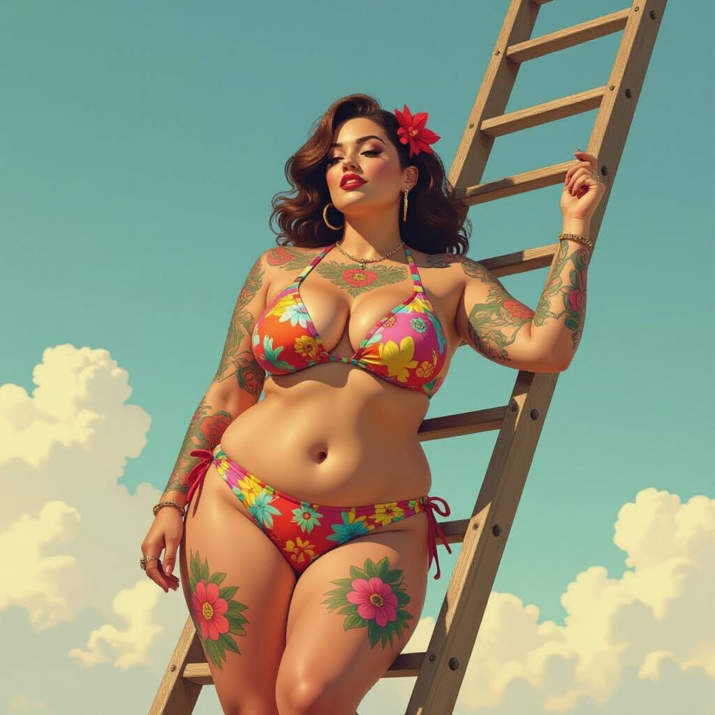 Curvy Woman Climbing Ladder: Hyperrealistic Digital Art