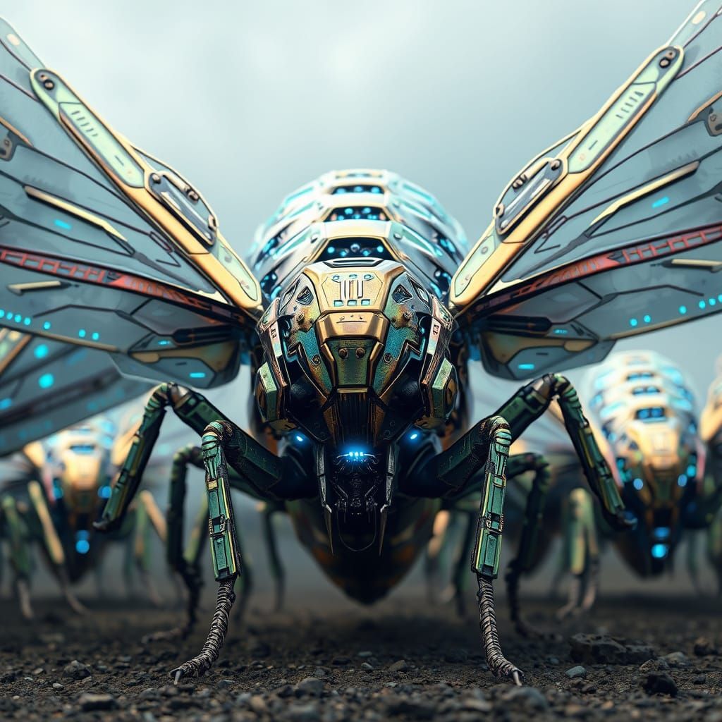Epic Cyber Insects Swarm in Polished Metal Exoskeletons