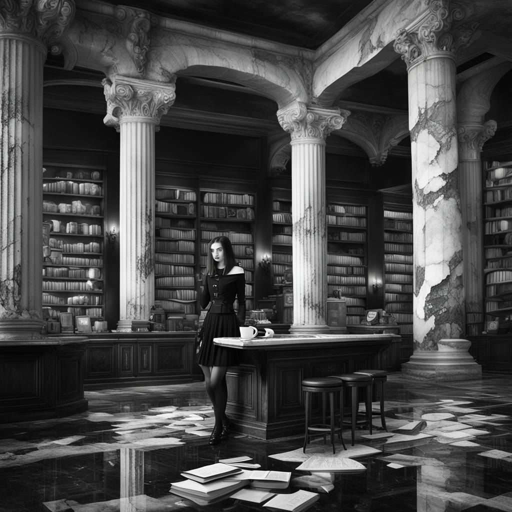 Gothic Model in Decaying Coffee Shop, Black and White