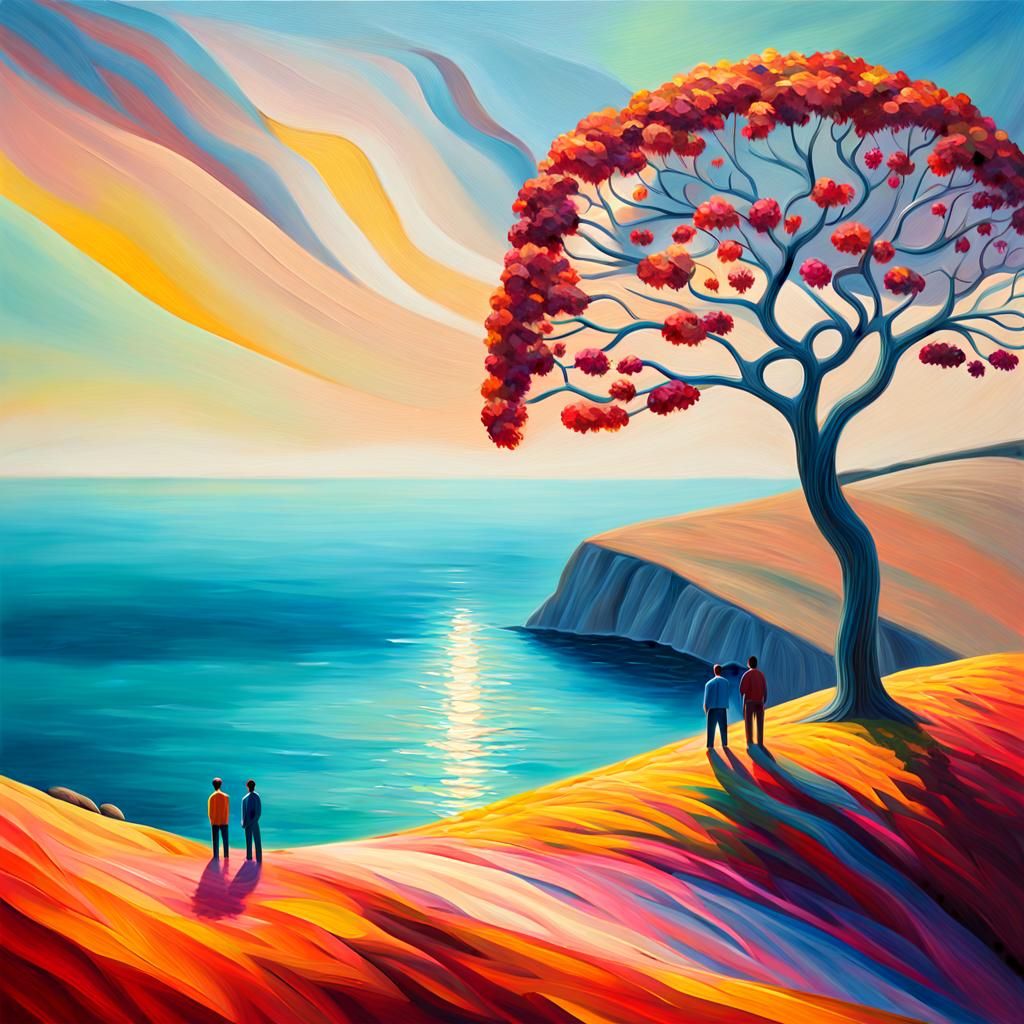 Surreal Landscape with Plastic Tree, Fauvist Oil Painting