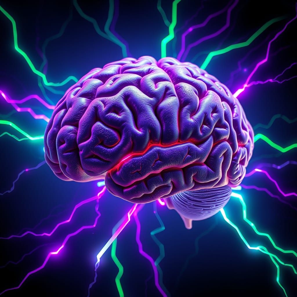 Surreal Cyberpunk Brain with Electric Light Beams in Fluores...