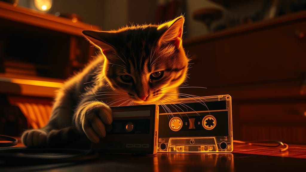 Cat Playing Cassette Tape in Cyberpunk Style