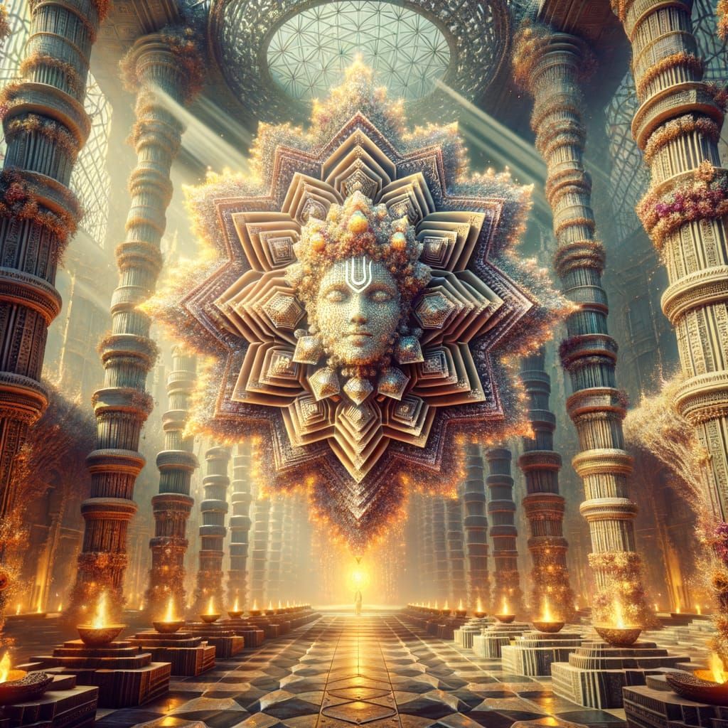 Fractal Krishna in Geometric Aztec Temple