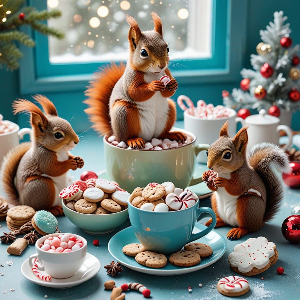 Joyful Winter Wonderland Scene with Squirrels and Holiday Tr...