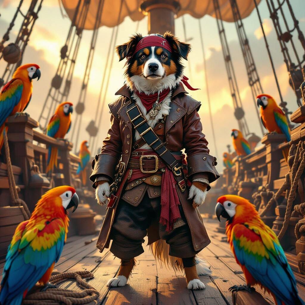 Dog Pirate on Ship Surrounded by Parrots