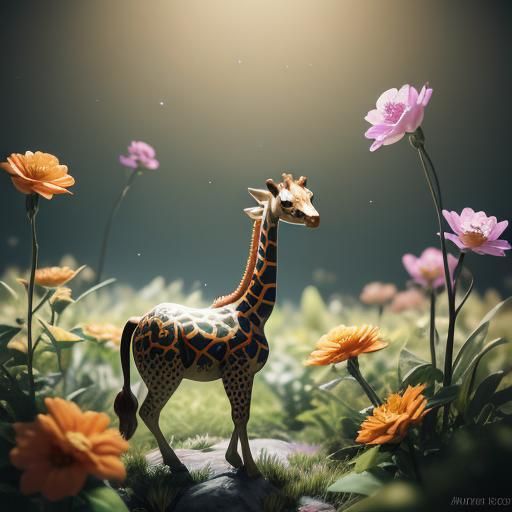 Miniature Giraffe with Flowers in 3D Anime Style