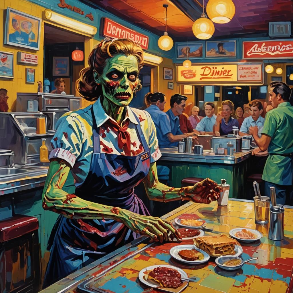 Zombie Waitress at 1950s Diner in Expressionist Style