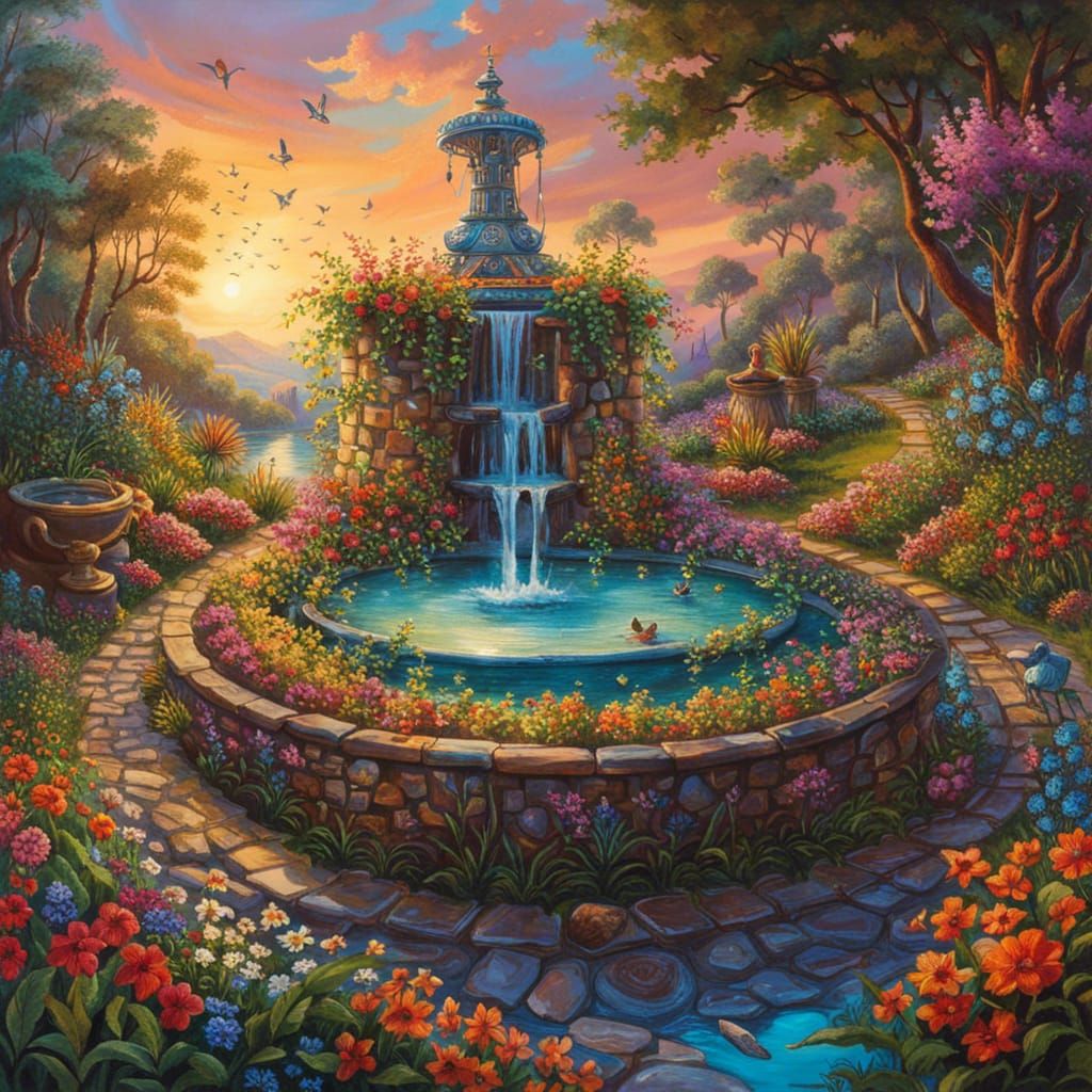 Ornate Rainbow Fountain in Sunset Garden
