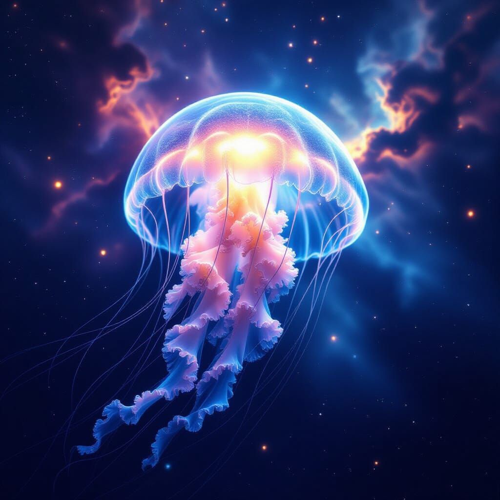 Bioluminescent Jellyfish in Cosmic Nebula, Hyperrealistic St...