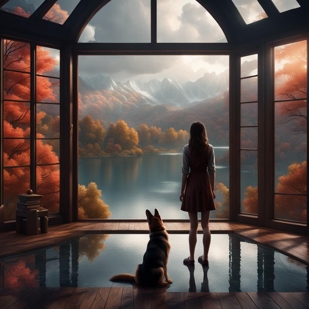 Girl and Dog Watch Rain: Fantasy Concept Art