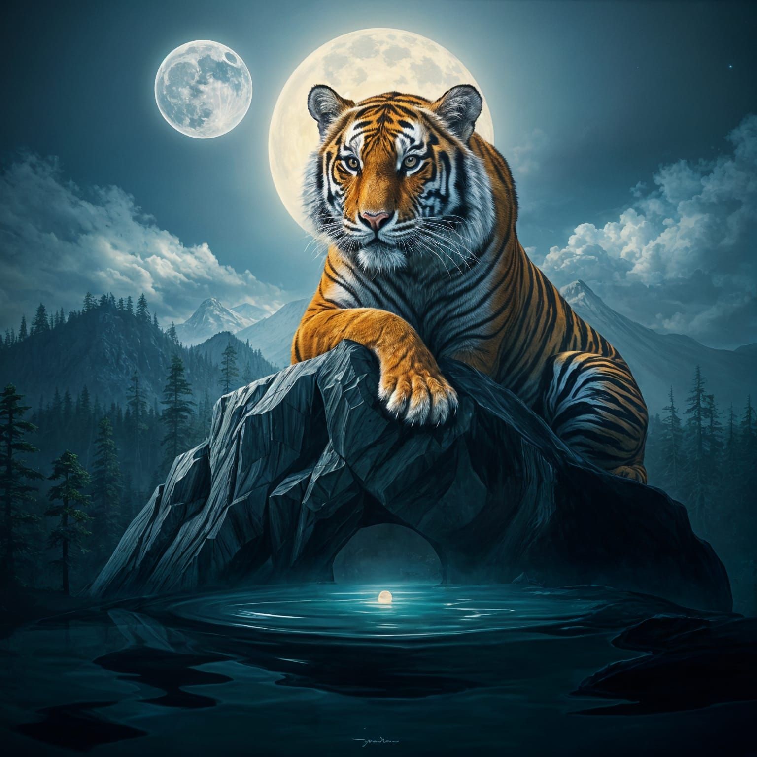 Royal Tiger Under Full Moonlight in Surrealist Oil Painting